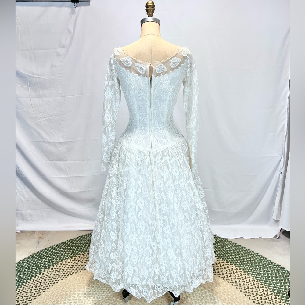VINTAGE MCM 50s mid century lace wedding dress gown full long sleeve floral - Picture 8 of 16
